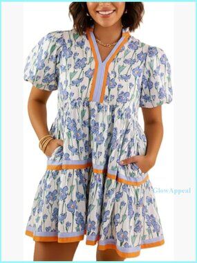 Puff Sleeve Floral Print Mini Dress with Pockets Casual Wear